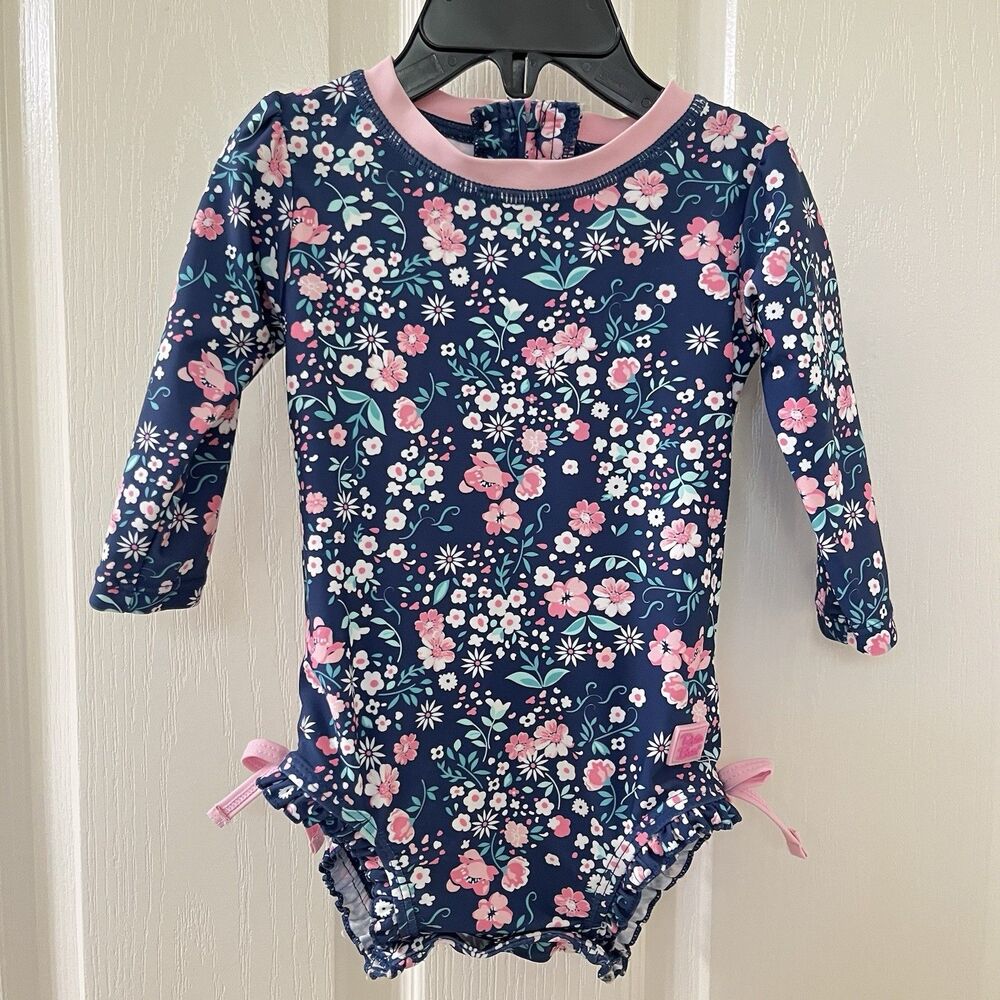 RuffleButts Moonlit Meadow Floral One Piece Rash Guard Swimsuit Size 6-12 Months